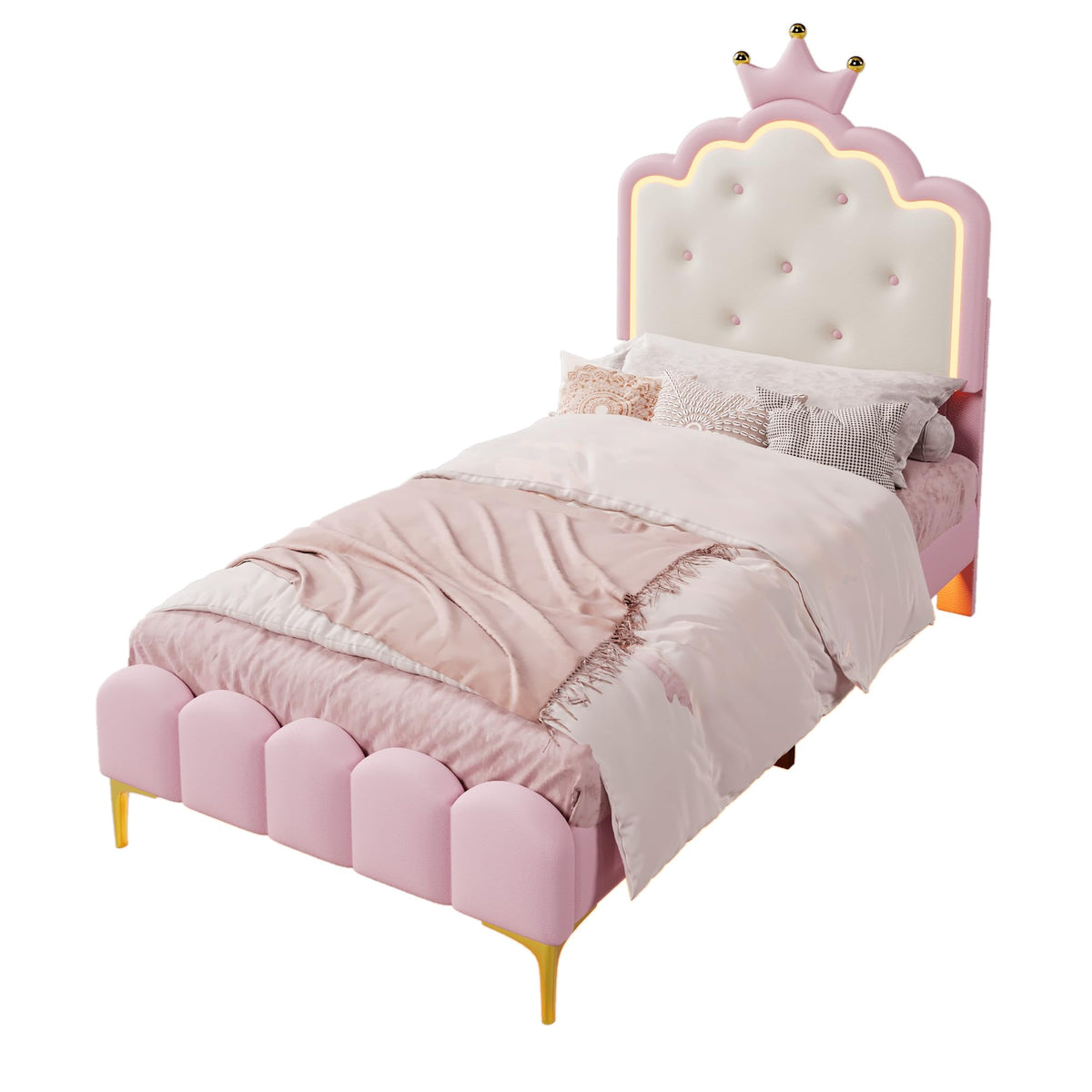 Kebnor Cama tapizada con somier, luz ambiental con mando a distancia, diseño de princesa heredera, material PU, color rosa (sin colchón) (140 x 200 cm)