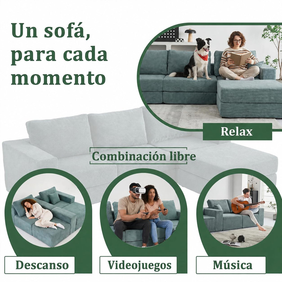 Sofá cama con respaldo en forma de L de 275 cm, 4 plazas, de terciopelo nube, con otomana izquierda y derecha, sin montaje, moderno sofá de salón para salón (gris)