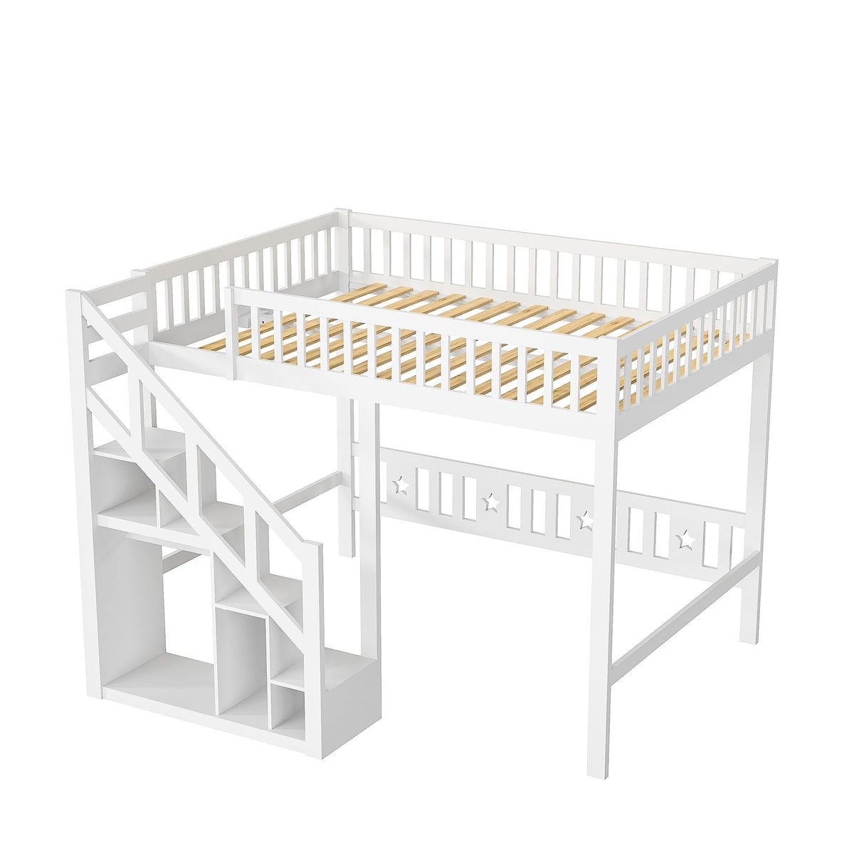 Cama alta, cama infantil, marco de cama con escalera, diseño de valla alta, almacenamiento, somier de láminas y zona de suspensión abierta, para niños y adolescentes, blanco (90x200 cm)