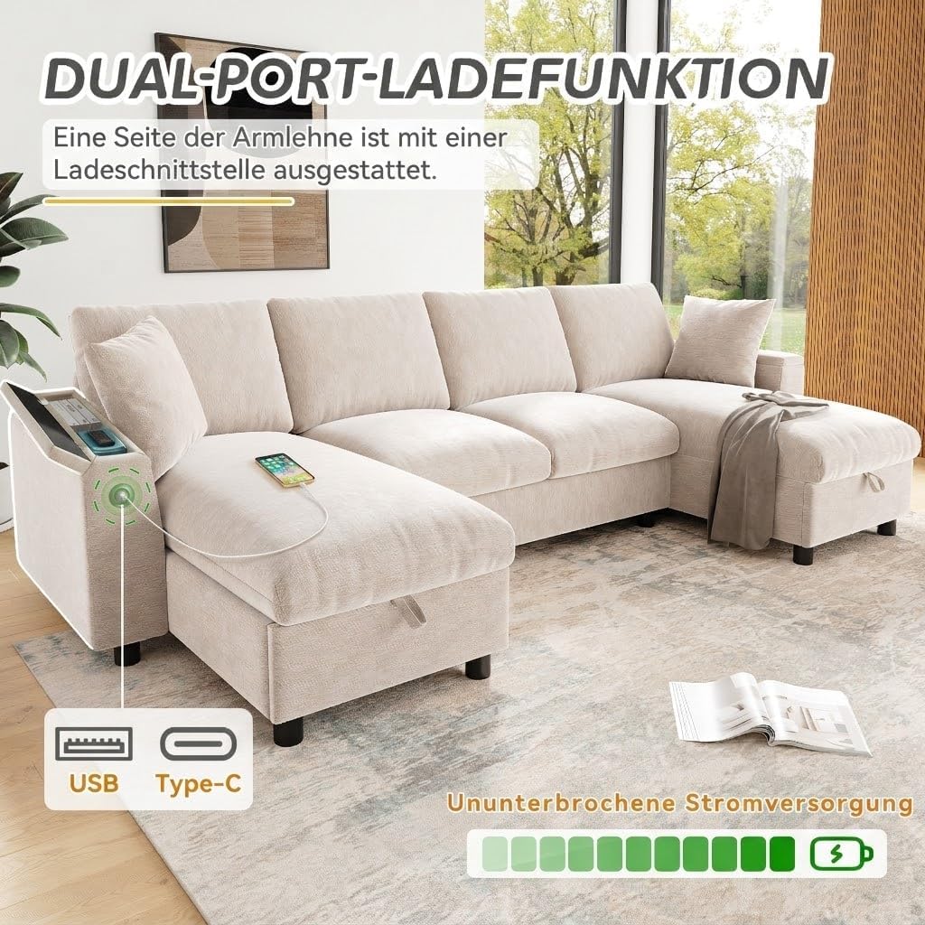 Sofá moderno de chenilla en forma de U con chaise longue, sofá esquinero de 4 plazas con espacio de almacenamiento, puerto USB y tipo C, modular, con soporte para bebidas y cojines suaves