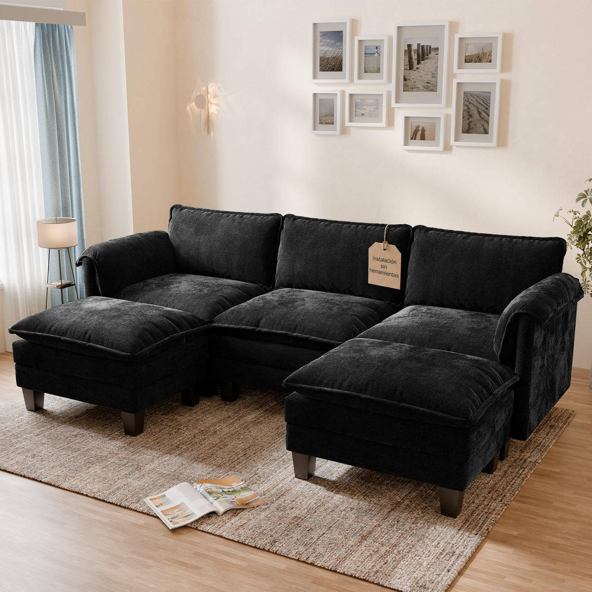 ELUCHANG Sofá Nube Modular 256cm, Sofá de 3 Plazas con Asiento Profundo 62cm, Montaje sin Herramientas, Sofá Moderno de Chenilla para Salón y Habitación, Gris Perla