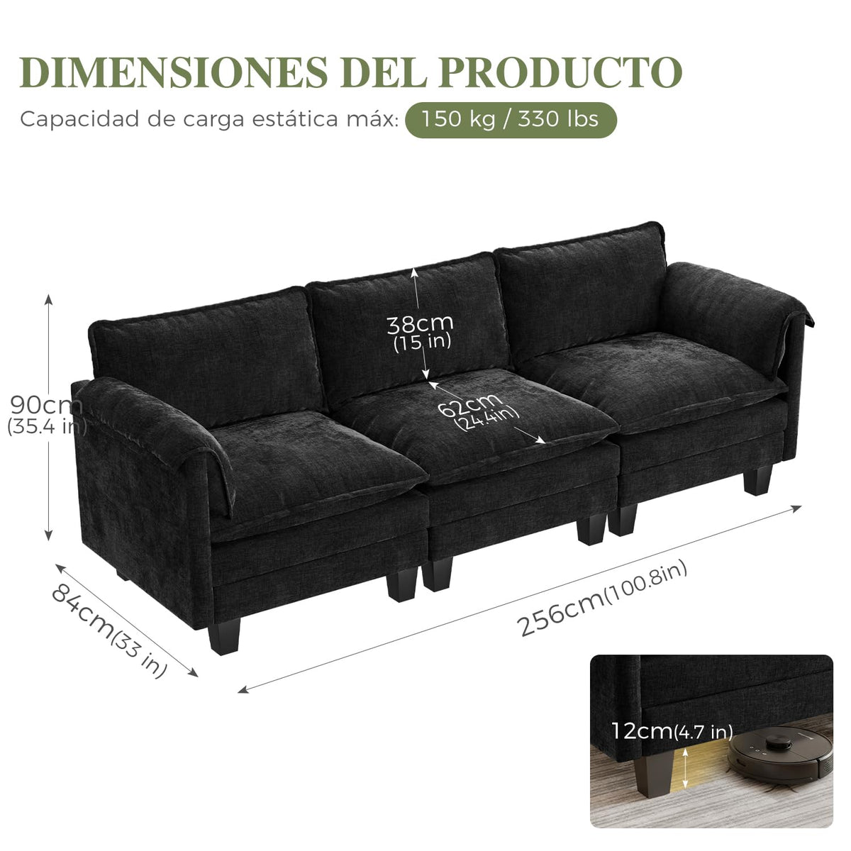 ELUCHANG Sofá Nube Modular 256cm, Sofá de 3 Plazas con Asiento Profundo 62cm, Montaje sin Herramientas, Sofá Moderno de Chenilla para Salón y Habitación, Gris Perla