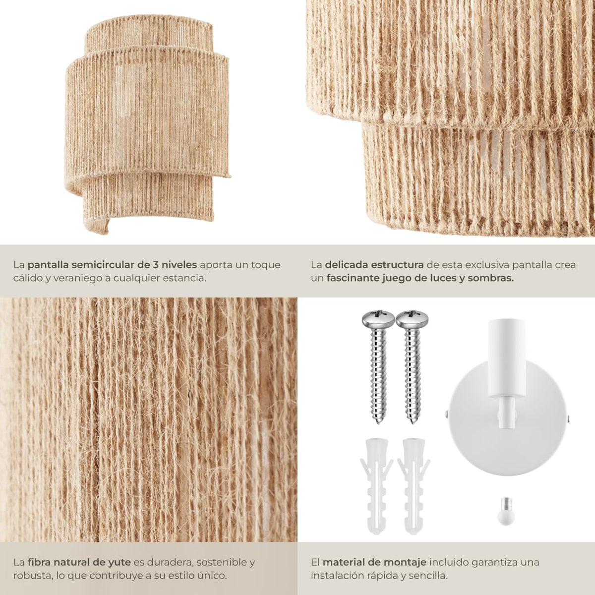 tectake® Lampara Techo Dormitorio Boho Artesanal en Yute Sostenible con Estructura de Acero, Lámpara de Techo Colgante Salón 40 W, Lampara Salon, Plafon - 45 x 45 x 27,5 cm