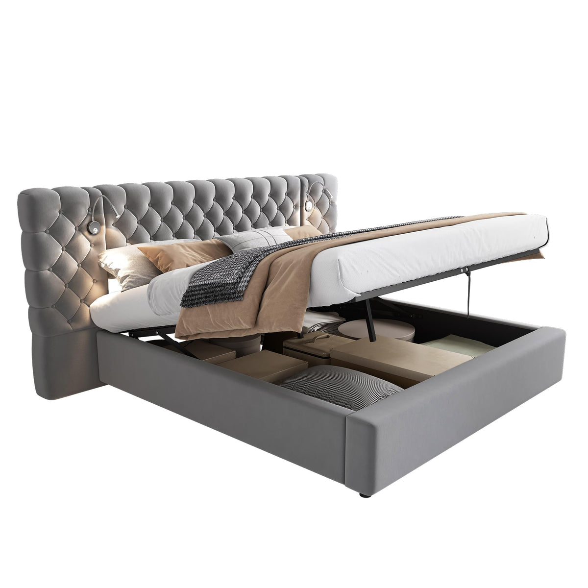 Cama 180x200 cm Camas Matrimoniales con LED y Lámpara de Noche, Cama Doble Tapizada con USB y Cabecero Ancho, Almacenaje Hidráulico, Soporte de Lamas de Madera, Terciopelo, Sin Colchón, Gris