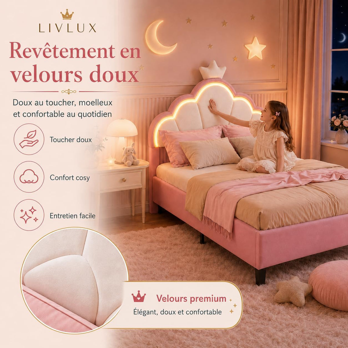 LIVLUX Cama Tapizada 90 x 200 cm, Cama Princesa con Cabezal LED Ajustable y Somier de Lamillas, Cama para Niña, Diseño en Forma de Corona para Niños y Adolescentes (Rosa, 90 x 200 cm)
