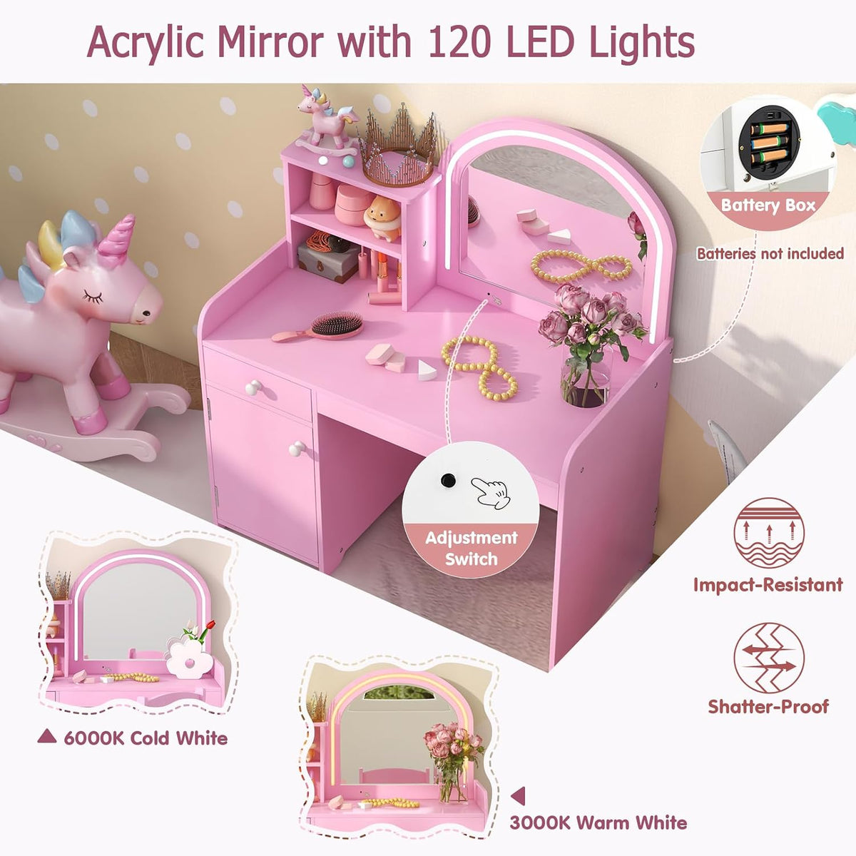 LIFEZEAL 2 en 1 Set de Tocador Niños, Tocador Infantil con Cajón y Estante, Mesa de Maquillaje con Espejo LED y Taburete, para Niñas a Partir de 3 Años