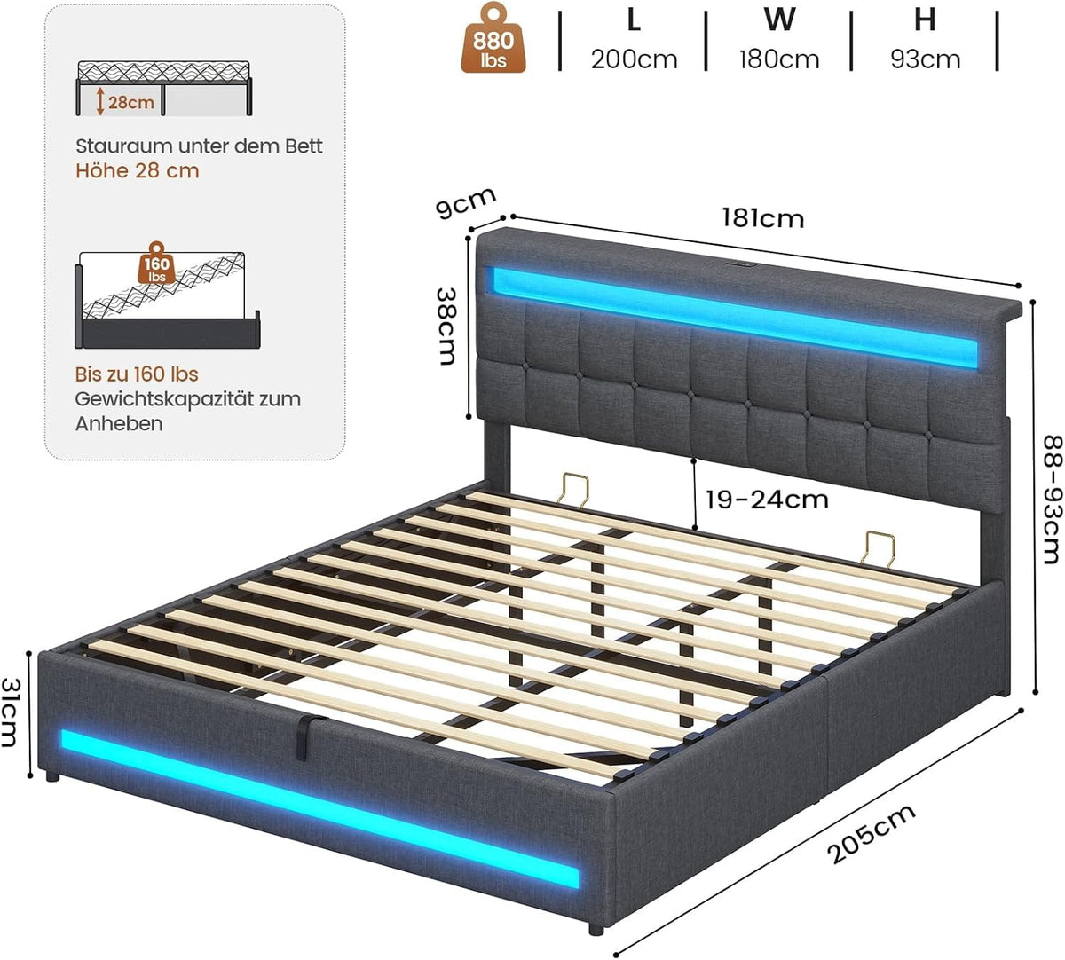 AOGLLATI Camas Matrimoniales 140x190 cm con Almacenamiento Hidráulico, Cama Canapé con Cabecero Ajustable, Estructura de Cama con Luces LED y Estación de Carga (USB y Tipo-C), Gris Oscuro