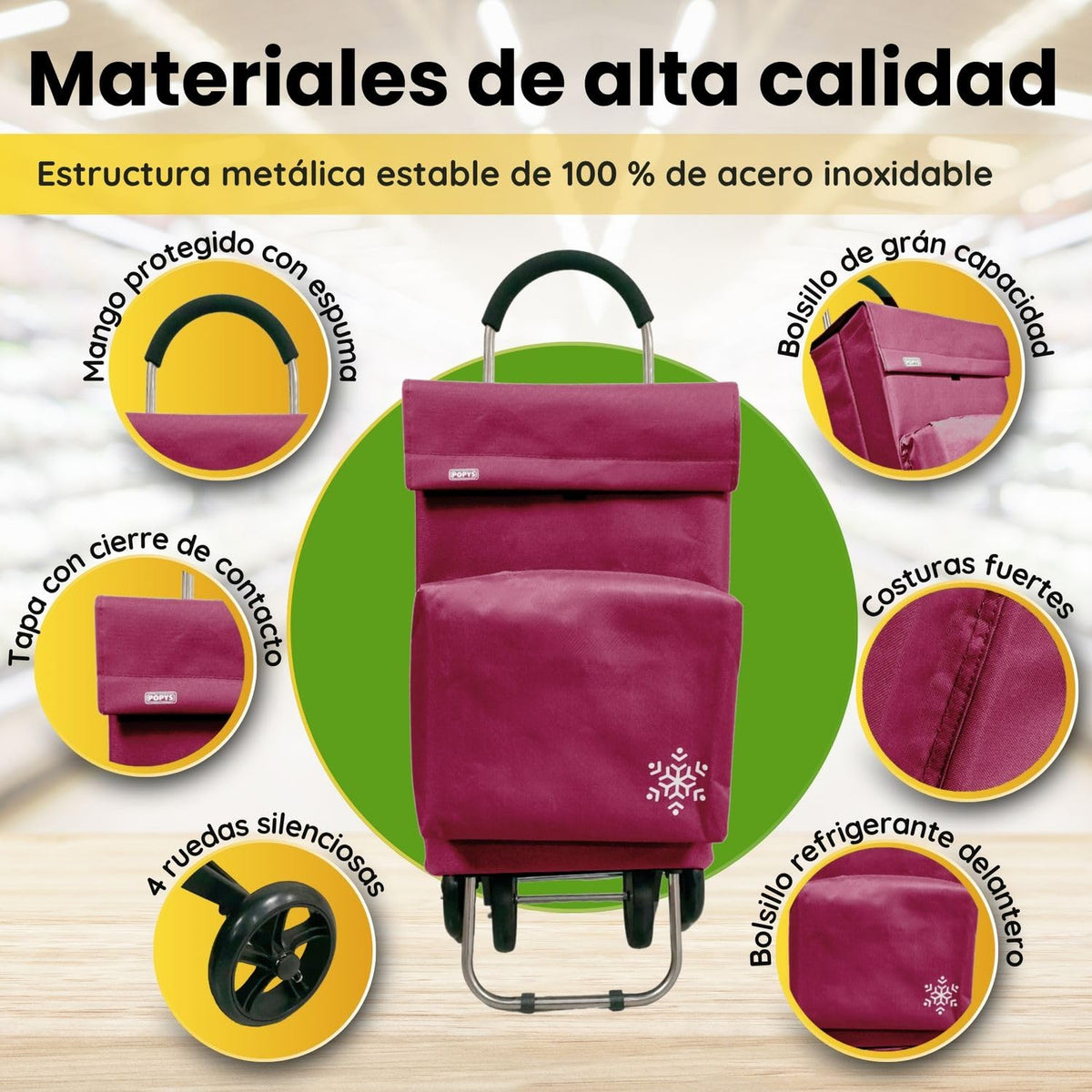 Carro de la Compra de 50L con Compartimento Refrigerante | Carrito Compra de 4 y 2 Ruedas Ideal para Supermercado (Requiere Montaje)