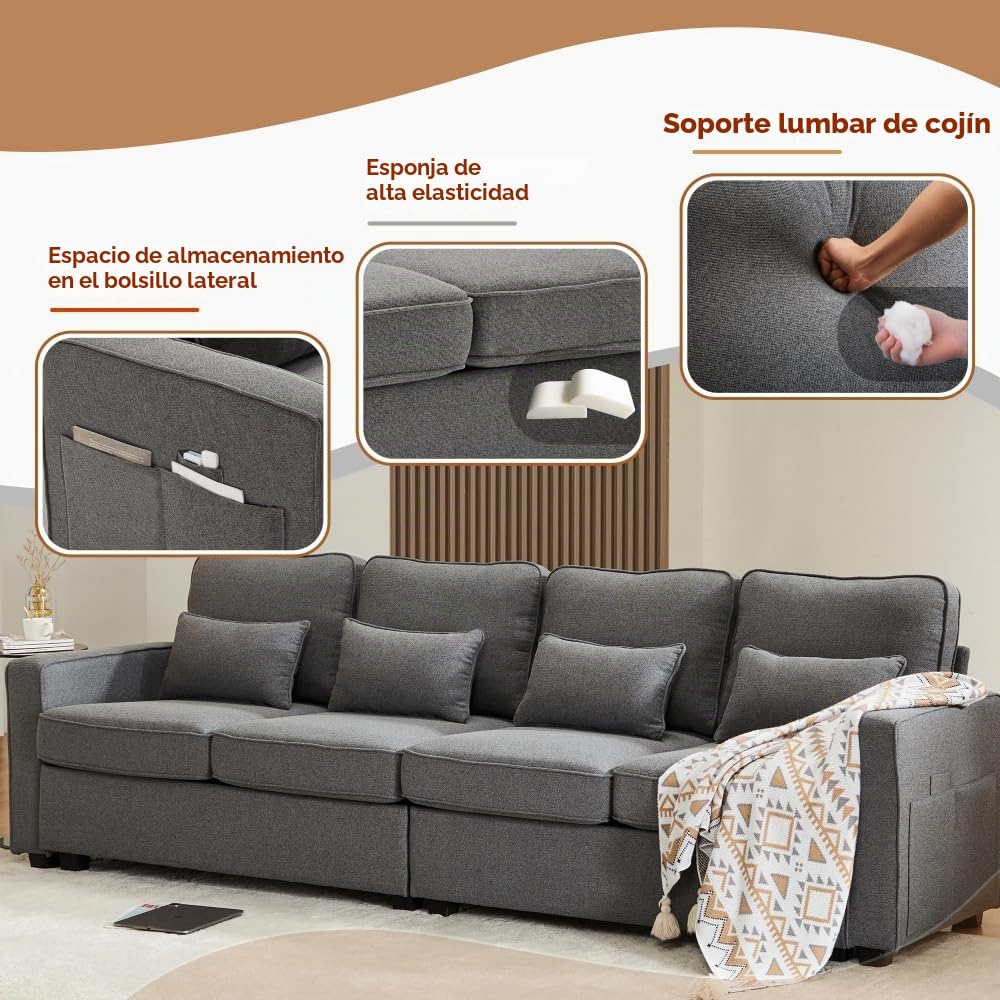 Lubvtti Sofá moderno de 4 plazas con bolsillos para reposabrazos y 4 cojines, con consola, 2 portavasos y 2 enchufes USB, de lino, adecuado para muchas ocasiones (Dark Gris+USB)