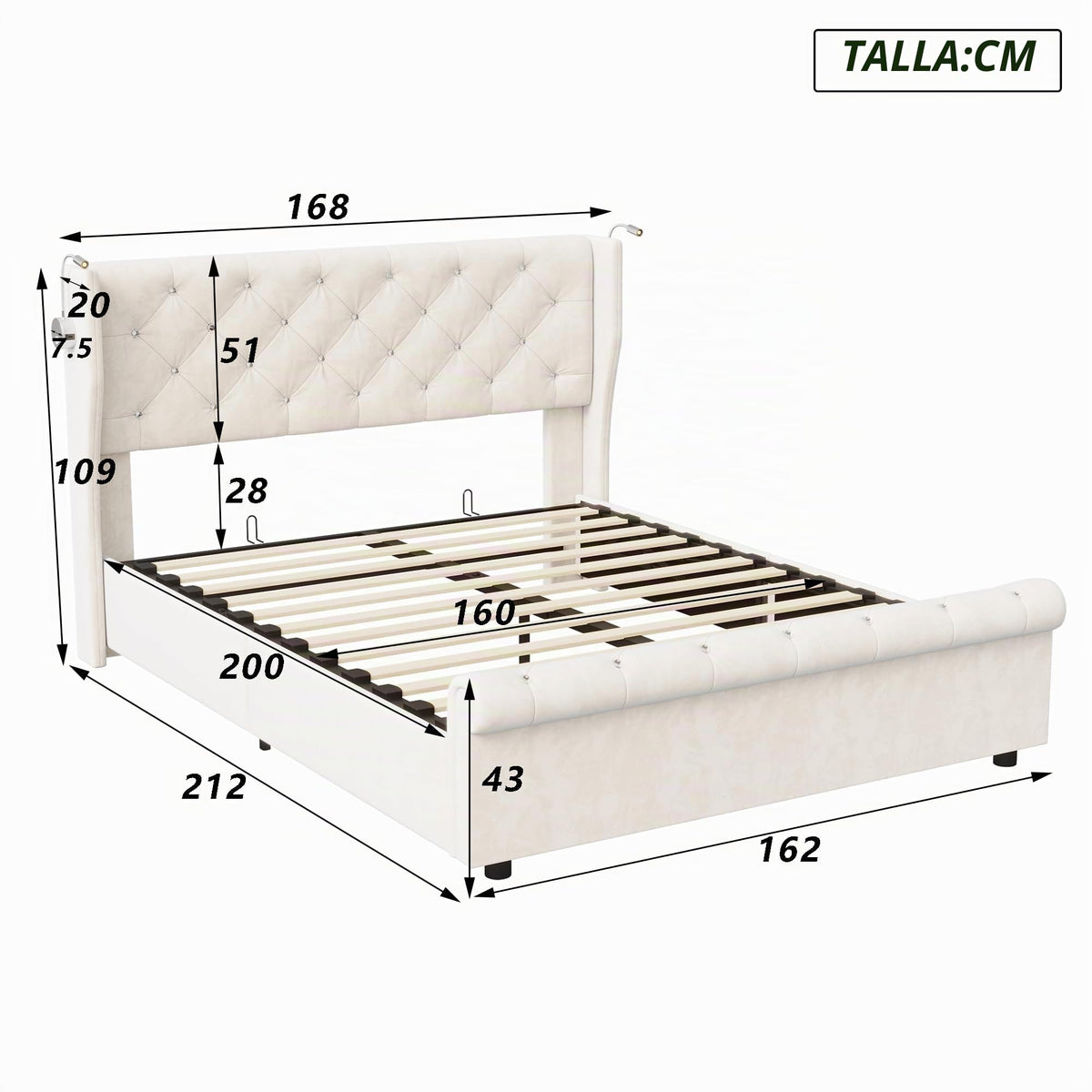 BRILVERDE Cama Tapizada 140x200 con Almacenamiento hidráulico, Cama matrimonial con Toma USB y luz LED, Cabecero Acolchado y Base de Láminas, Terciopelo (Beige, 140 x 200 cm)