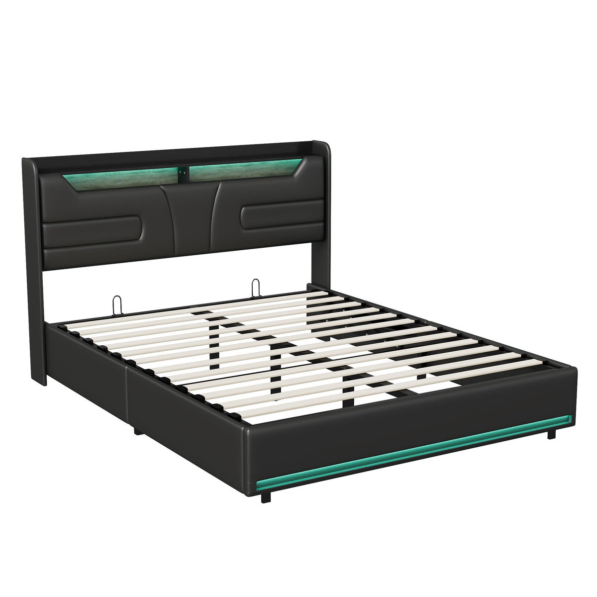 Cama tapizada de 160 x 200 cm, cama doble LED con espacio de almacenamiento, cabecero y función de carga USB C, cama de almacenamiento hidráulico, respaldo con somier de láminas de madera