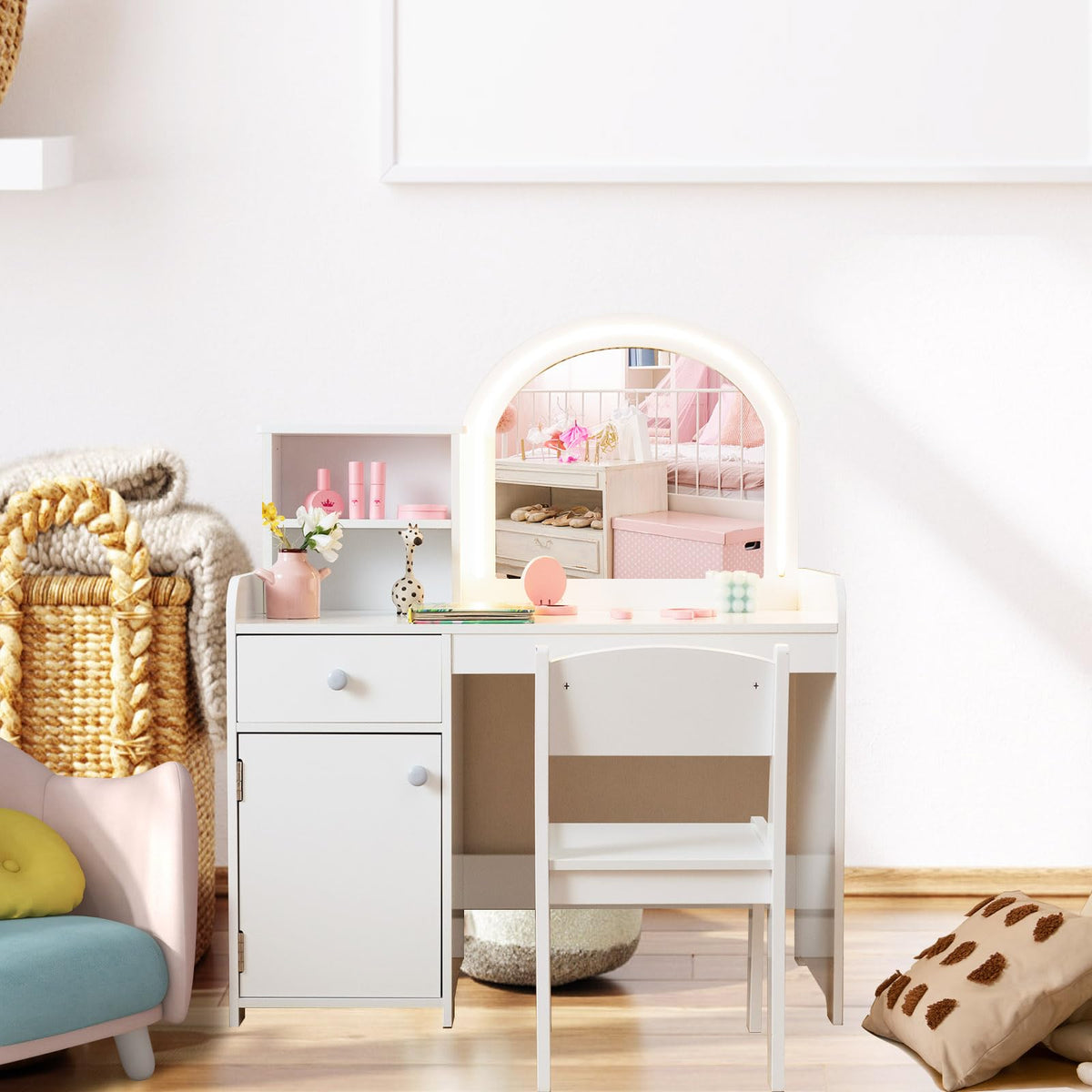 LIFEZEAL 2 en 1 Set de Tocador Niños, Tocador Infantil con Cajón y Estante, Mesa de Maquillaje con Espejo LED y Taburete, para Niñas a Partir de 3 Años