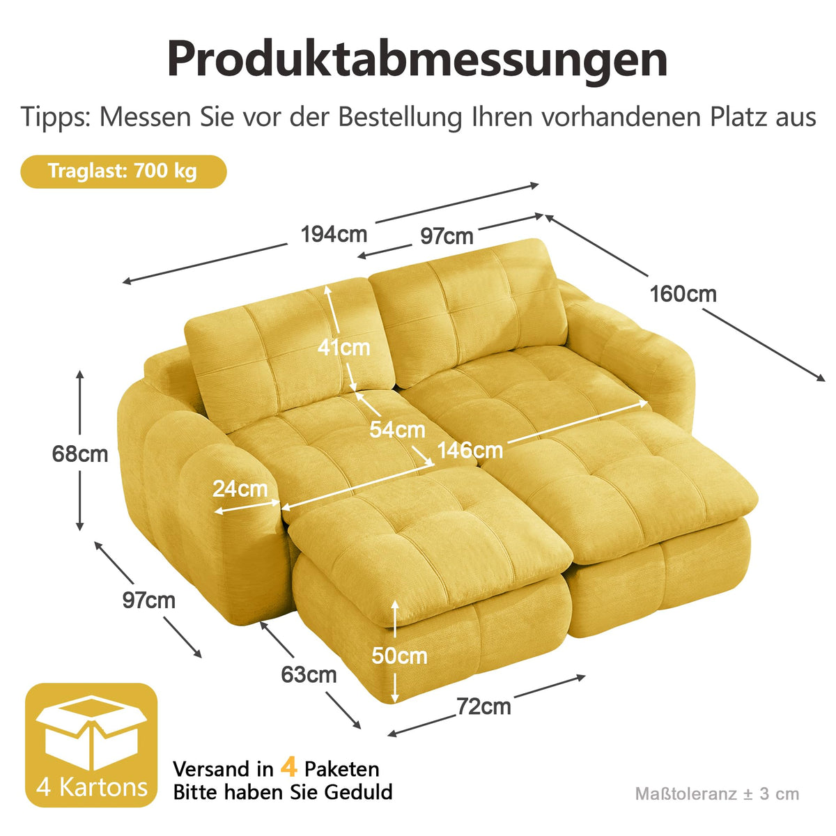 Sofá de 3 plazas con 1 taburete chenilla beige