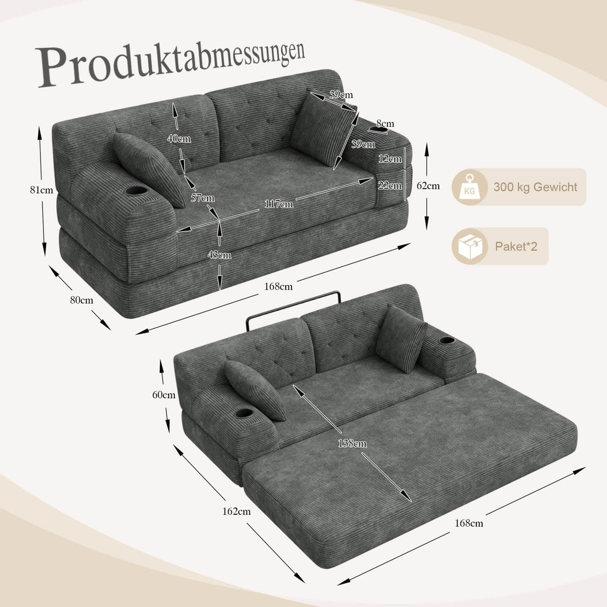 YEHTOKHOME - Sofá de Velor acanalado con respaldo alto y estructura metálica, sofá moderno de 2 plazas con 2 portavasos y 4 bolsillos laterales, para salón, dormitorio (Beige)