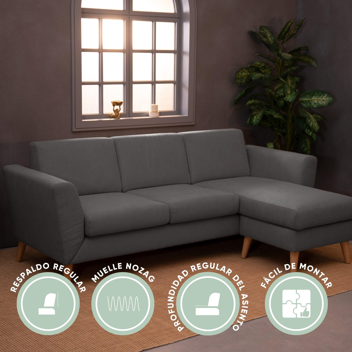 BUDWING Leah Sofá Cama Esquinero 3 Plazas - Chaise Longue Reversible y 2 Cojines Decorativos – Tapizado en Poliéster – Estilo Moderno – 233x124x69 cm – Gris Bicolor