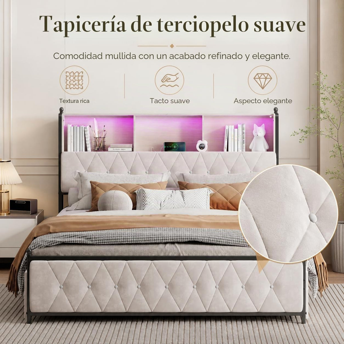 BRILVERDE Cama Tapizada 160x200 con Almacenamiento, Cama matrimonial con cajones, Cama Nido con LED, Cabecero Acolchado y Base de Láminas, Terciopelo (Beige, 160 x 200 cm)