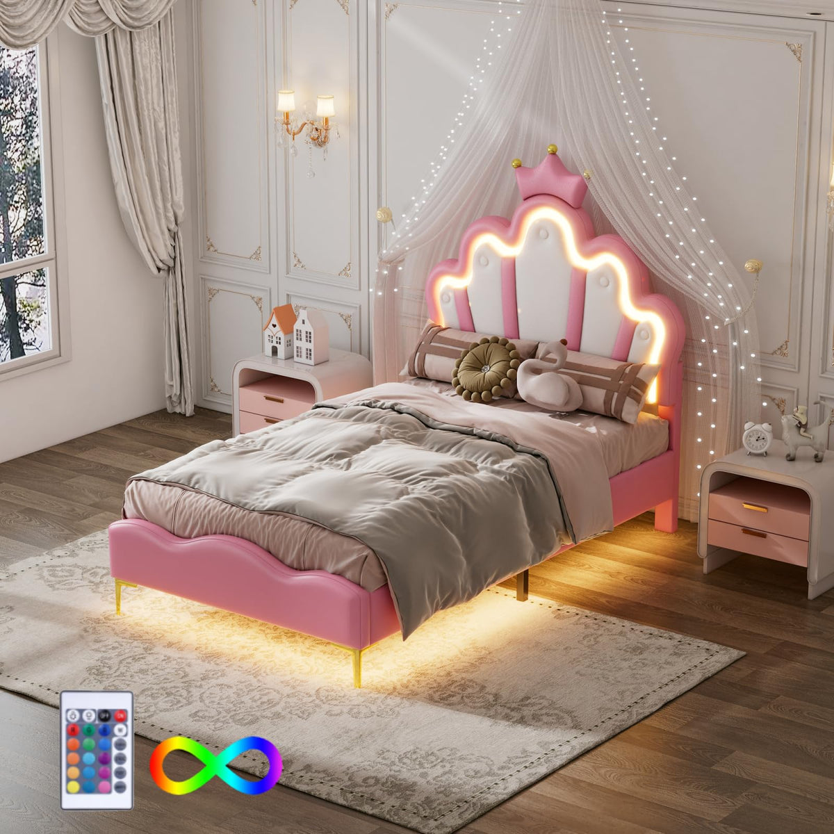 Cama Infantil tapizada 140 x 200 cm con LED, Cama tapizada para niños 140 x 200 con cabecera Ajustable Marco de Camas, Camas de Princesa para Niña en Forma de Corona con Somier(Rosa, 140 x 200)