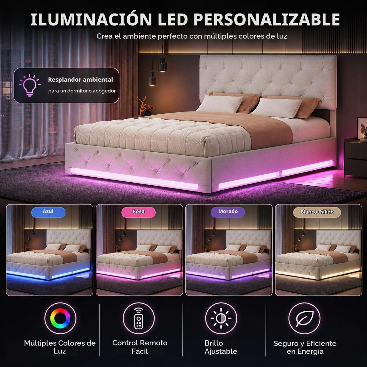 BRILVERDE Cama Tapizada 160x200 con Almacenamiento hidráulico, Cama matrimonial con lámpara de mesita, Cabecero Acolchado y Base de Láminas, Terciopelo (Beige, 160 x 200 cm)