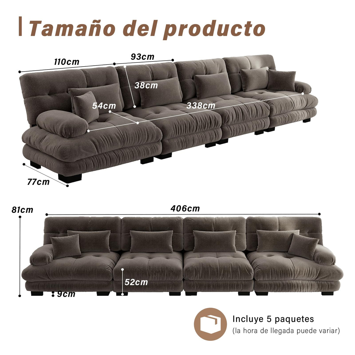 SoarFlash Sofá U Modular de 4 plazas para salón Moderno, sofá Nube de Tela Chenille con reposabrazos, Color Amarillo, 145×406 cm