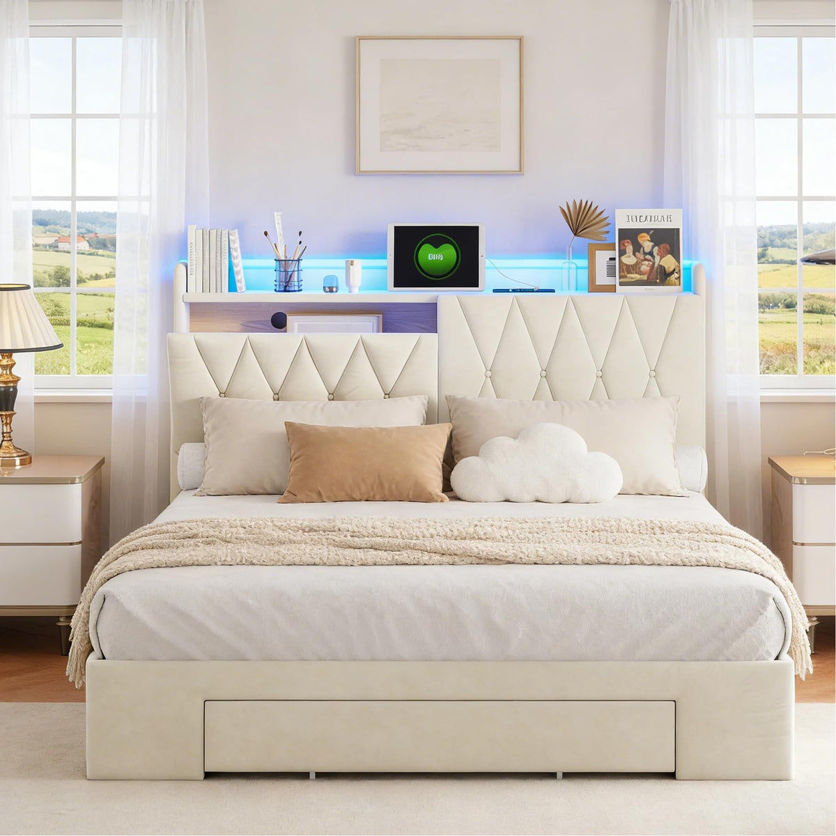 BRILVERDE Cama Tapizada 160x200 con Almacenamiento, Cama matrimonial con cajones, Cama Nido con LED, Cabecero Acolchado y Base de Láminas, Terciopelo (Beige, 160 x 200 cm)