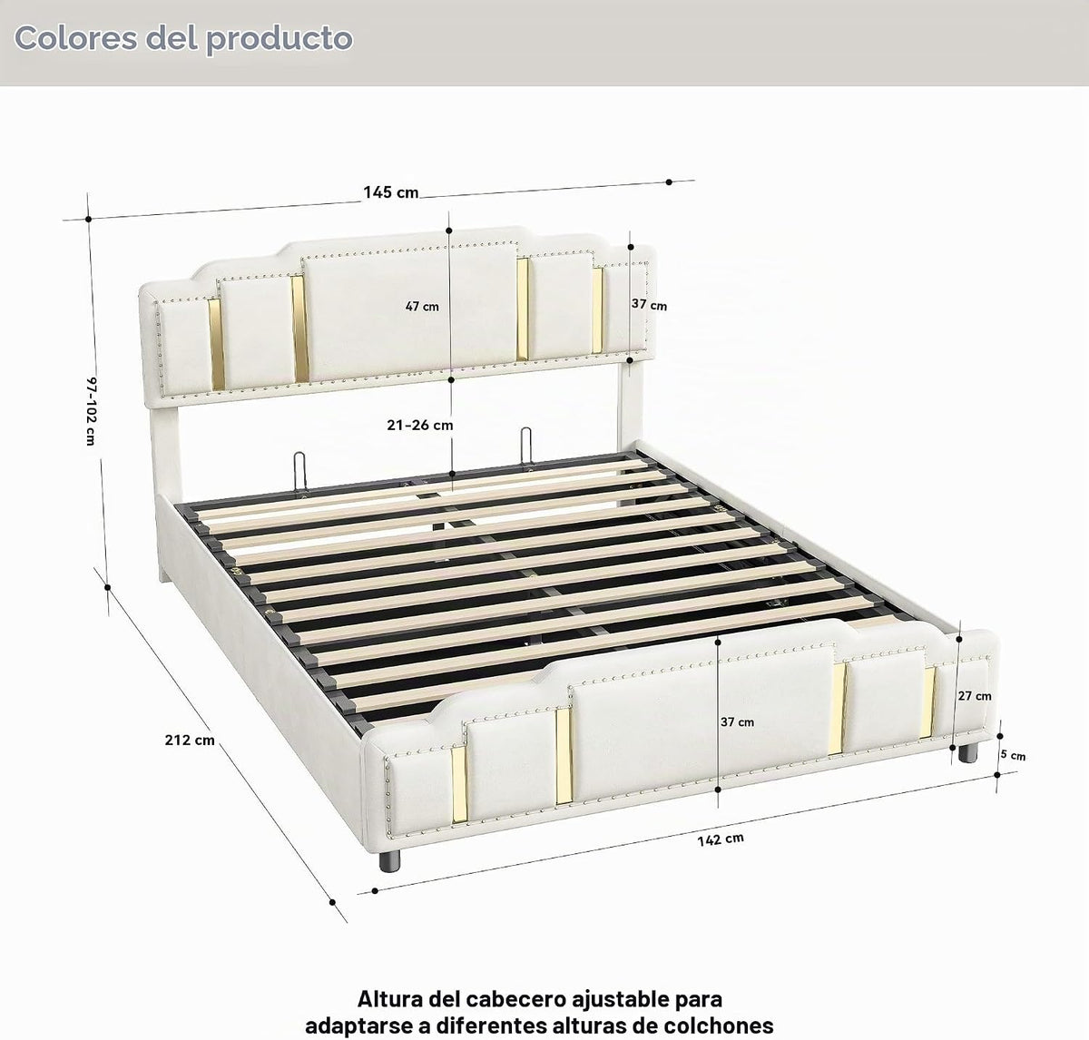 Cama tapizada de 160 x 200 cm con espacio de almacenamiento e iluminación LED, cama doble hidráulica con detalles dorados, cama de terciopelo de lujo con sincronización de música y