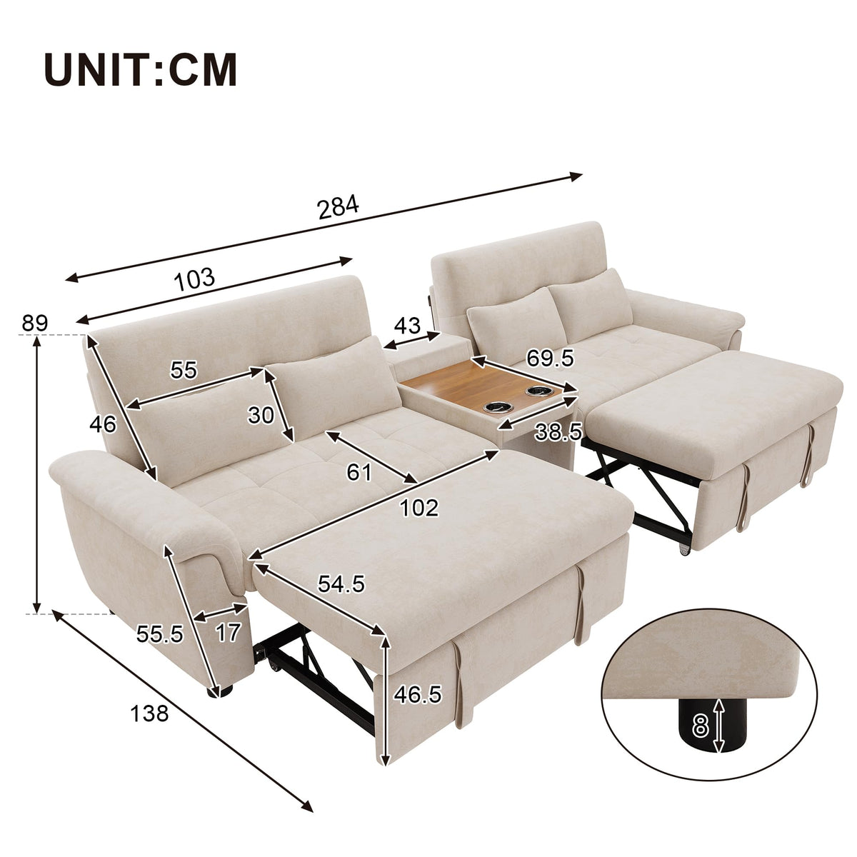 LAKFEW Sofa Cama con Cama Extensible y Taburete Almacenaje, Sofa Rinconera con USB, Lámpara de Lectura, Mesa Plegable con 2 Posavasos, 205x205x85 cm, Gris