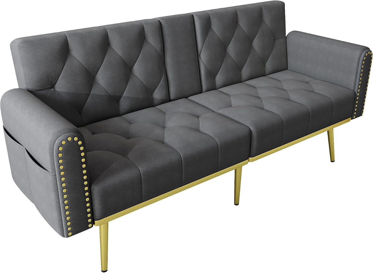 Azkoeesy Sofá cama de 2 plazas con soporte para bebidas, 175 cm, sofá cama con función de dormir, respaldo ajustable en 3 posiciones, patas metálicas doradas y remaches, para sala de estar y cine en