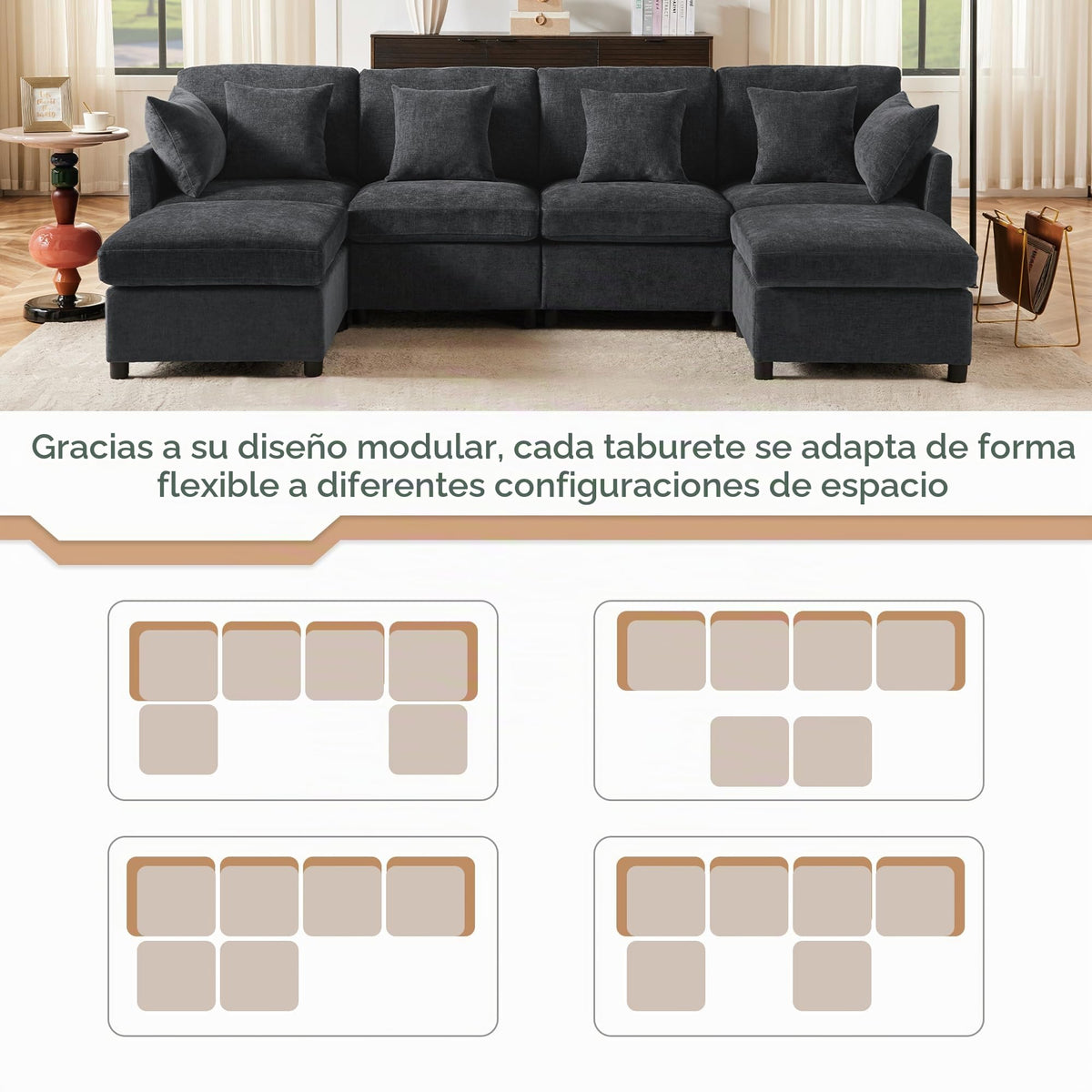 Sofá modular de 6 plazas, sofá esquinero en forma de L/U, puertos USB/tipo C, portavasos y espacio de almacenamiento, tela de chenilla, 7 cojines, salón, dormitorio y oficina, color beige