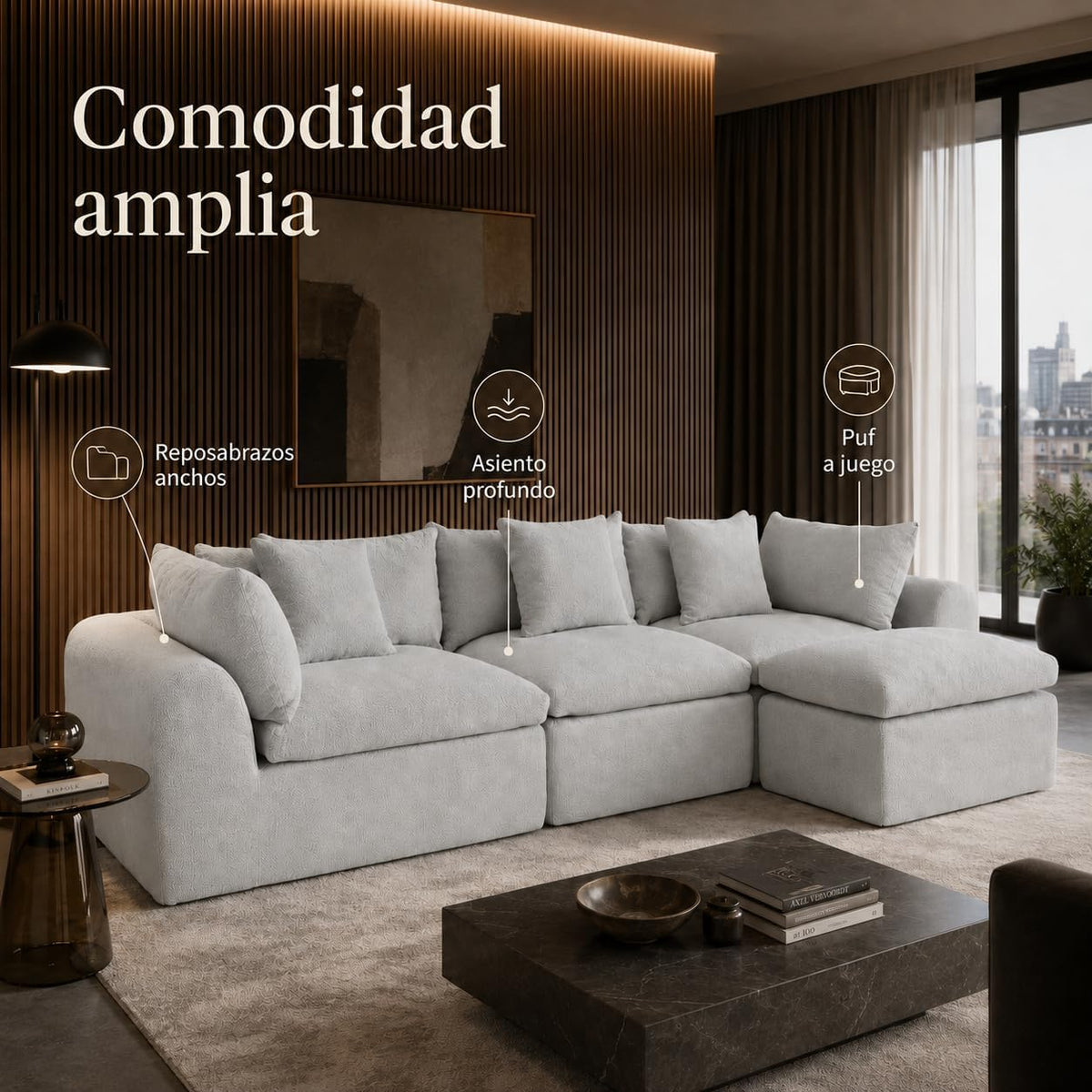 Sofá cama con respaldo en forma de L de 275 cm, 4 plazas, de terciopelo nube, con otomana izquierda y derecha, sin montaje, moderno sofá de salón para salón (gris)