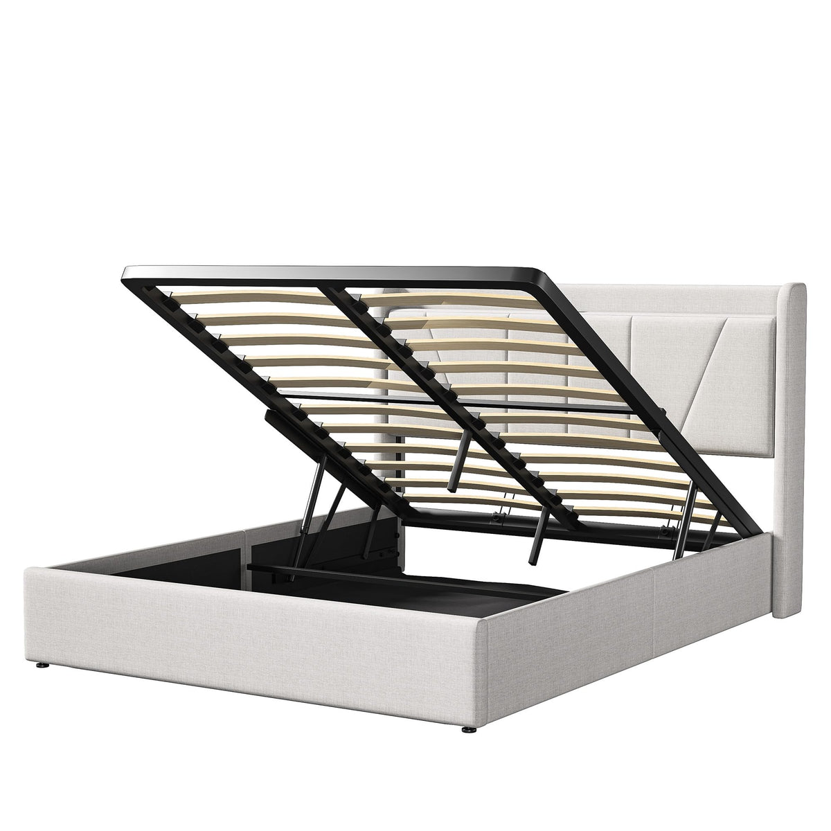 Cama tapizada de 160 x 200 cm, cama doble LED con espacio de almacenamiento, cabecero y función de carga USB C, cama de almacenamiento hidráulico, respaldo con somier de láminas de madera