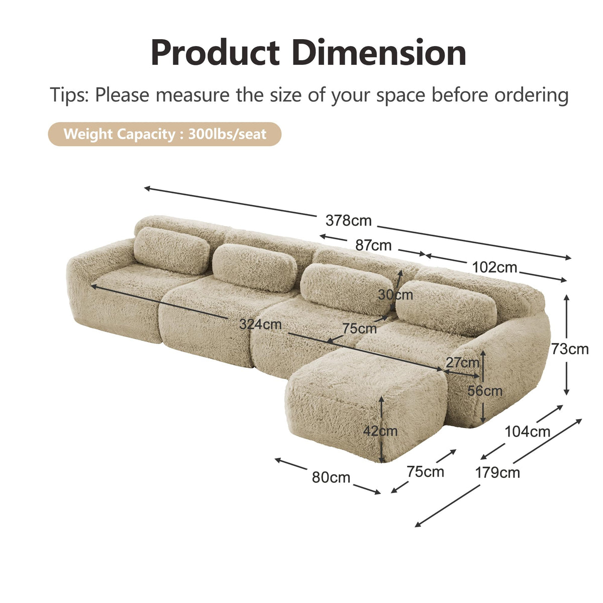Sofá modular combinable en forma de L de 4 plazas, tejido de felpa con cojines, espuma de alta elasticidad, diseño chaise longue para salón o dormitorio (negro)