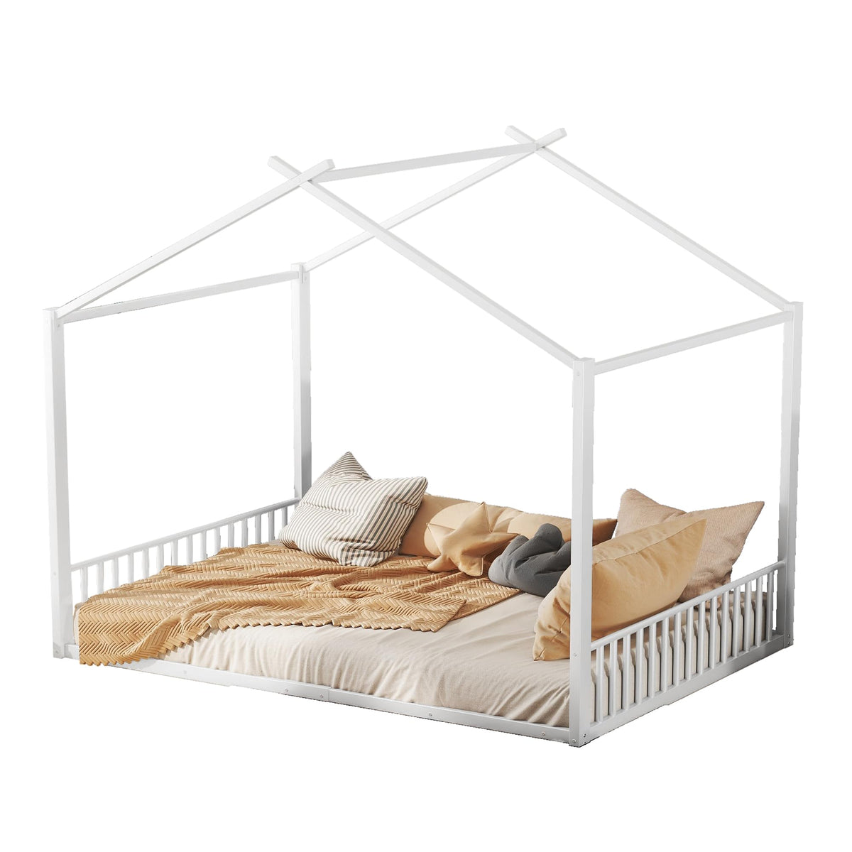 Cama infantil de 90 x 200 cm, dos camas de 90 cm con protección anticaídas, cama doble con modelado de casa, marco de hierro, color blanco, ideal para 2 niños