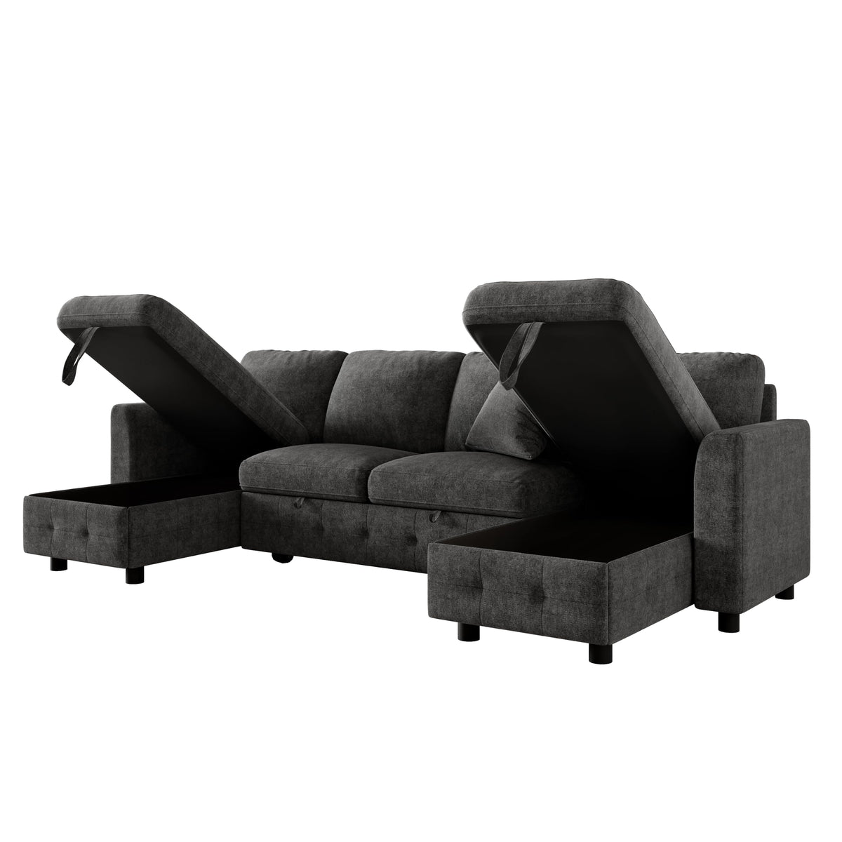 LAKFEW Sofa Cama con Cama Extensible y Taburete Almacenaje, Sofa Rinconera con USB, Lámpara de Lectura, Mesa Plegable con 2 Posavasos, 205x205x85 cm, Gris