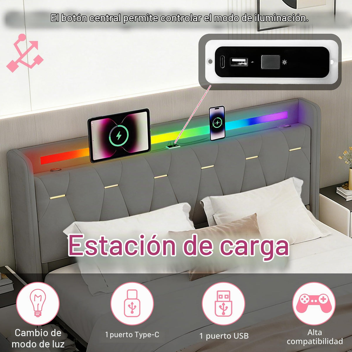 Estructura de Cama 140x200 cm con iluminación LED, Lino, Gris