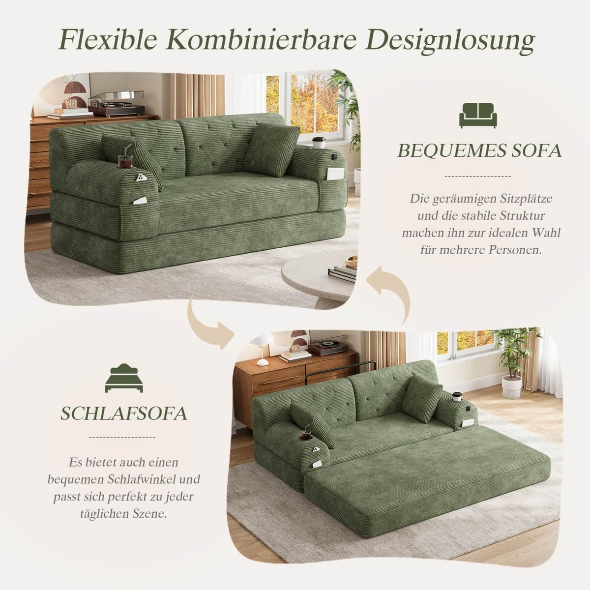 YEHTOKHOME - Sofá de Velor acanalado con respaldo alto y estructura metálica, sofá moderno de 2 plazas con 2 portavasos y 4 bolsillos laterales, para salón, dormitorio (Beige)
