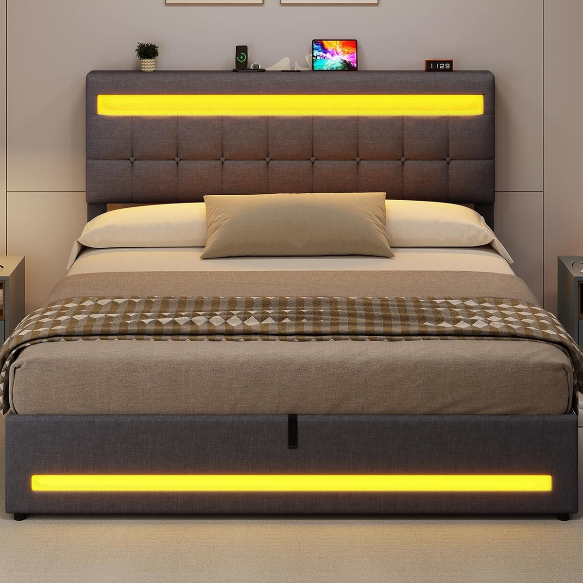 AOGLLATI Camas Matrimoniales 140x190 cm con Almacenamiento Hidráulico, Cama Canapé con Cabecero Ajustable, Estructura de Cama con Luces LED y Estación de Carga (USB y Tipo-C), Gris Oscuro