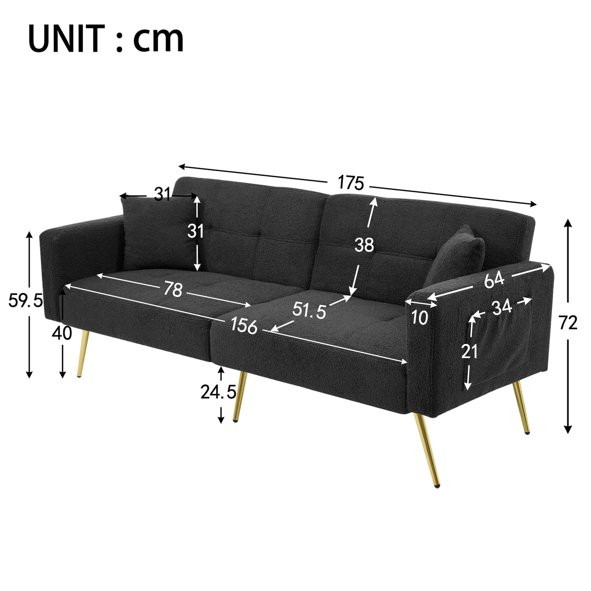 Sofá cama con esquinas ajustables, patas doradas, almohadas y bolsillos laterales para almacenamiento (Bavia)