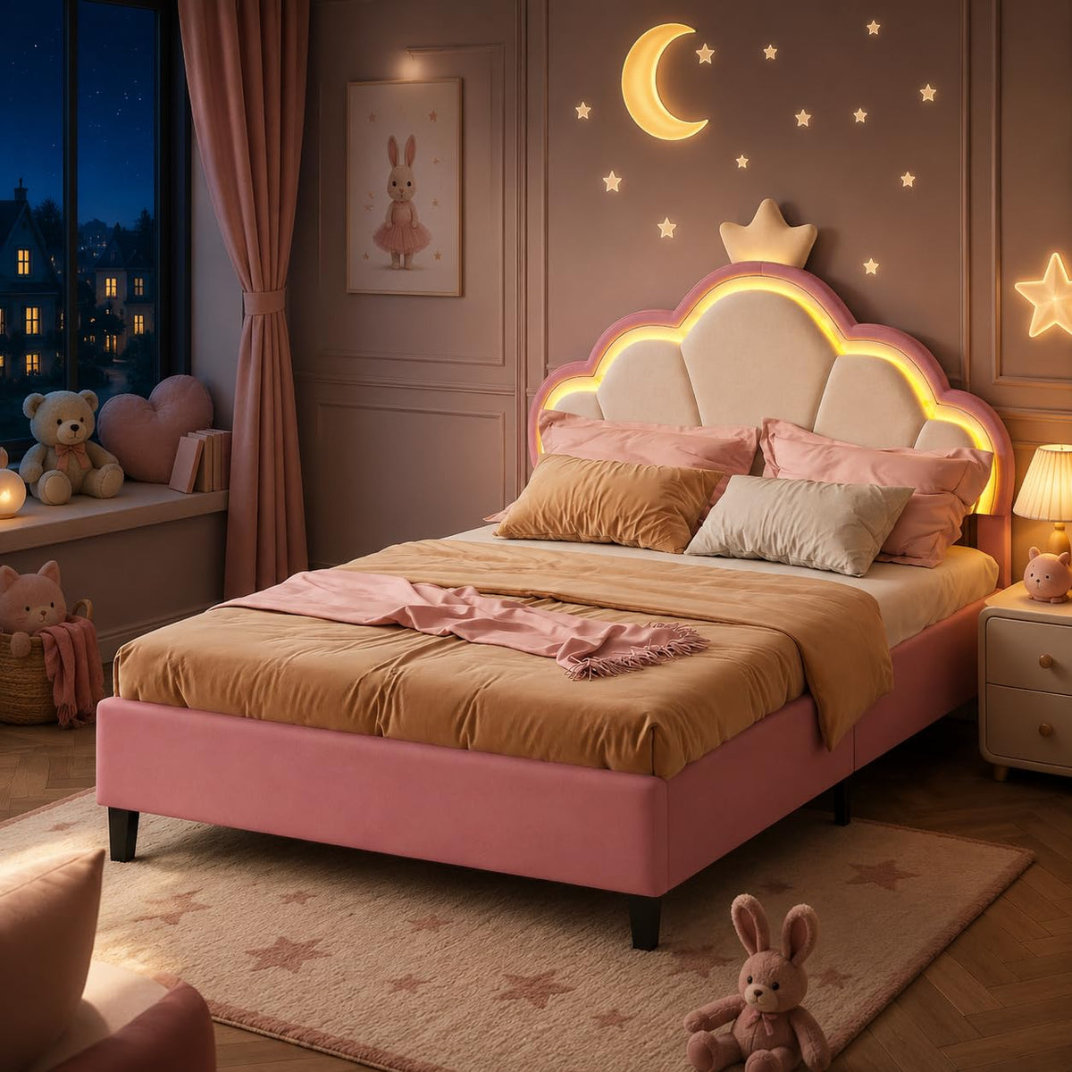 LIVLUX Cama Tapizada 90 x 200 cm, Cama Princesa con Cabezal LED Ajustable y Somier de Lamillas, Cama para Niña, Diseño en Forma de Corona para Niños y Adolescentes (Rosa, 90 x 200 cm)