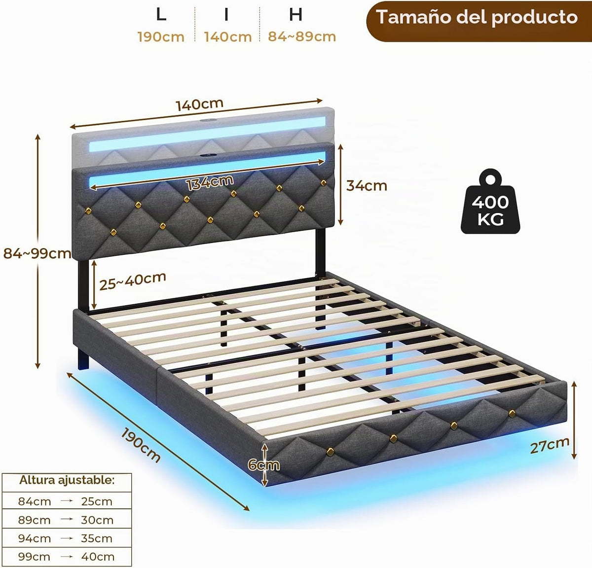 DICTAC Cama tapizada de 140 x 190 cm con carga USB e iluminación LED, cabecero con LED, cama doble con somier, cama juvenil, cama funcional, tela de lino, sin colchón