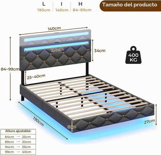 DICTAC Cama tapizada de 140 x 190 cm con carga USB e iluminación LED, cabecero con LED, cama doble con somier, cama juvenil, cama funcional, tela de lino, sin colchón