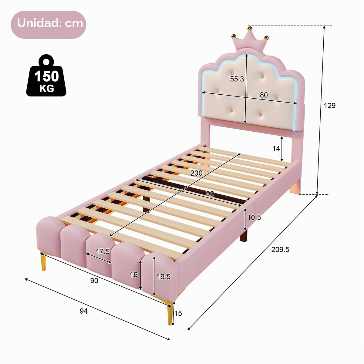Kebnor Cama tapizada con somier, luz ambiental con mando a distancia, diseño de princesa heredera, material PU, color rosa (sin colchón) (140 x 200 cm)