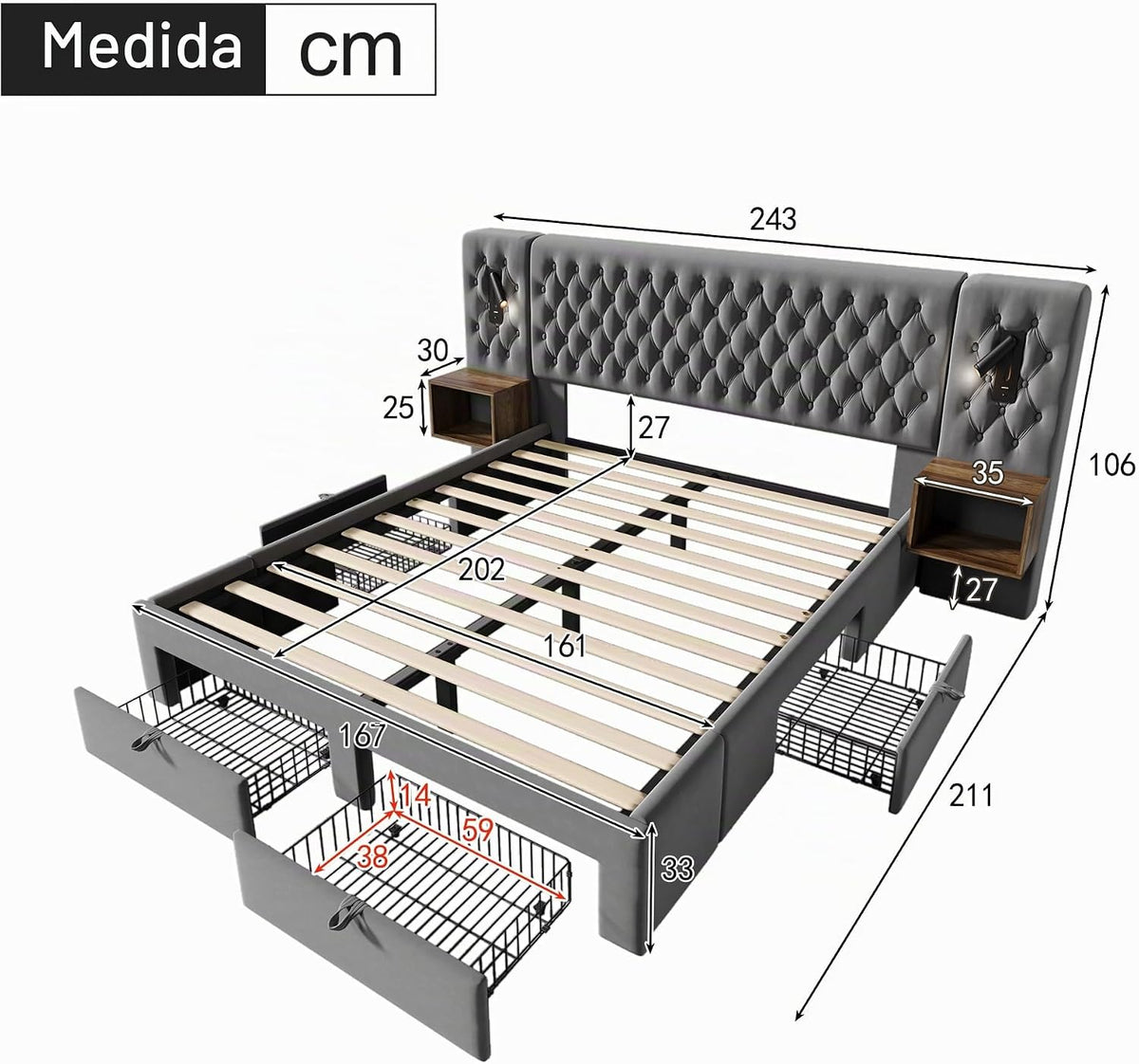 Juego completo de cama para dormitorio, cama doble tapizada de 160 x 200 cm, con 2 mesitas de noche y 4 cajones, cabecero de luz de lectura con función de carga USB, terciopelo, sin colchón