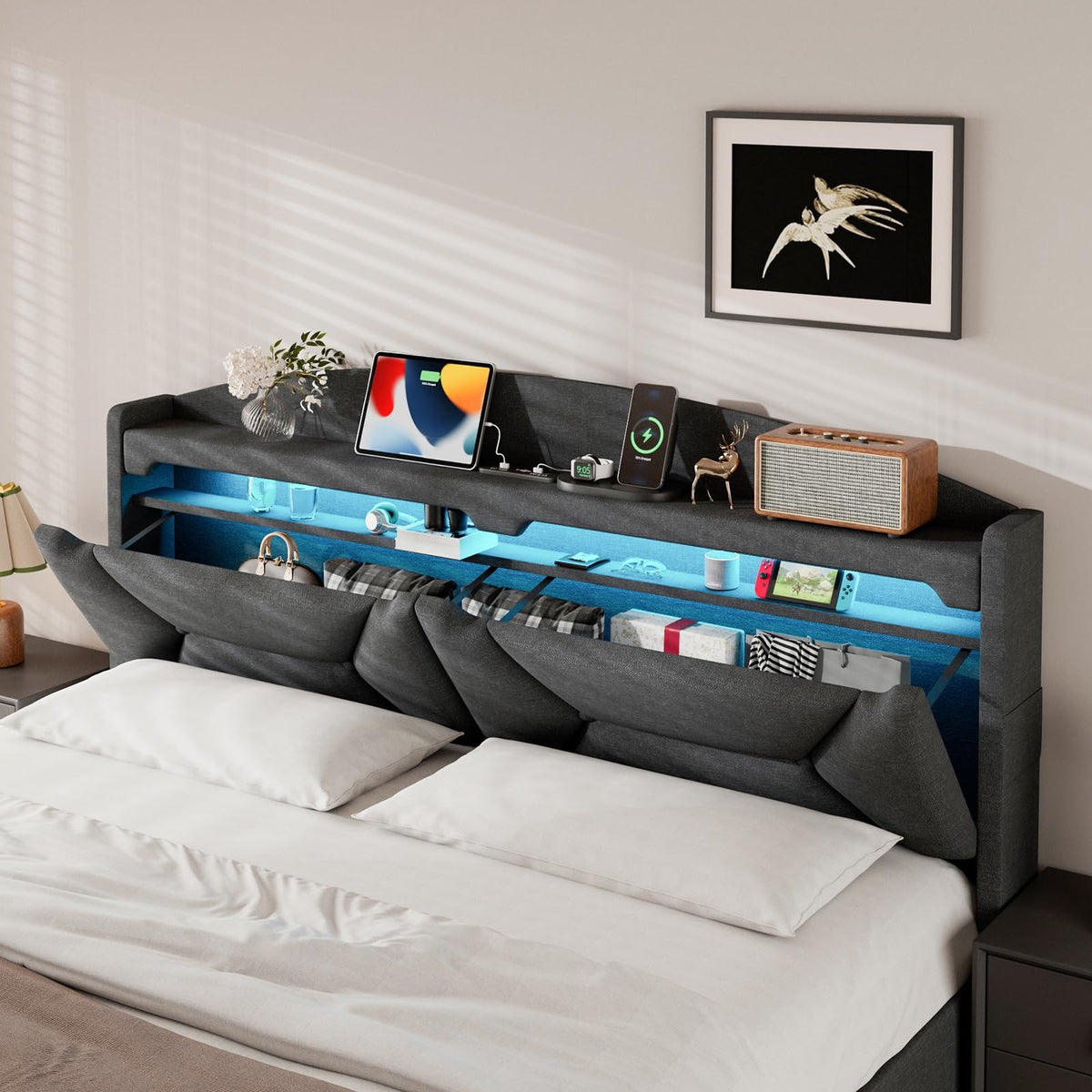 Cama 90x200 cm con Almacenamiento, Cama Individual con LED, Puertos USB y Type-C, Somier 90x200 Hidráulico, Camas Juveniles Camas Infantiles con Cabecero, Lino, Beige, Colchón No Incluido