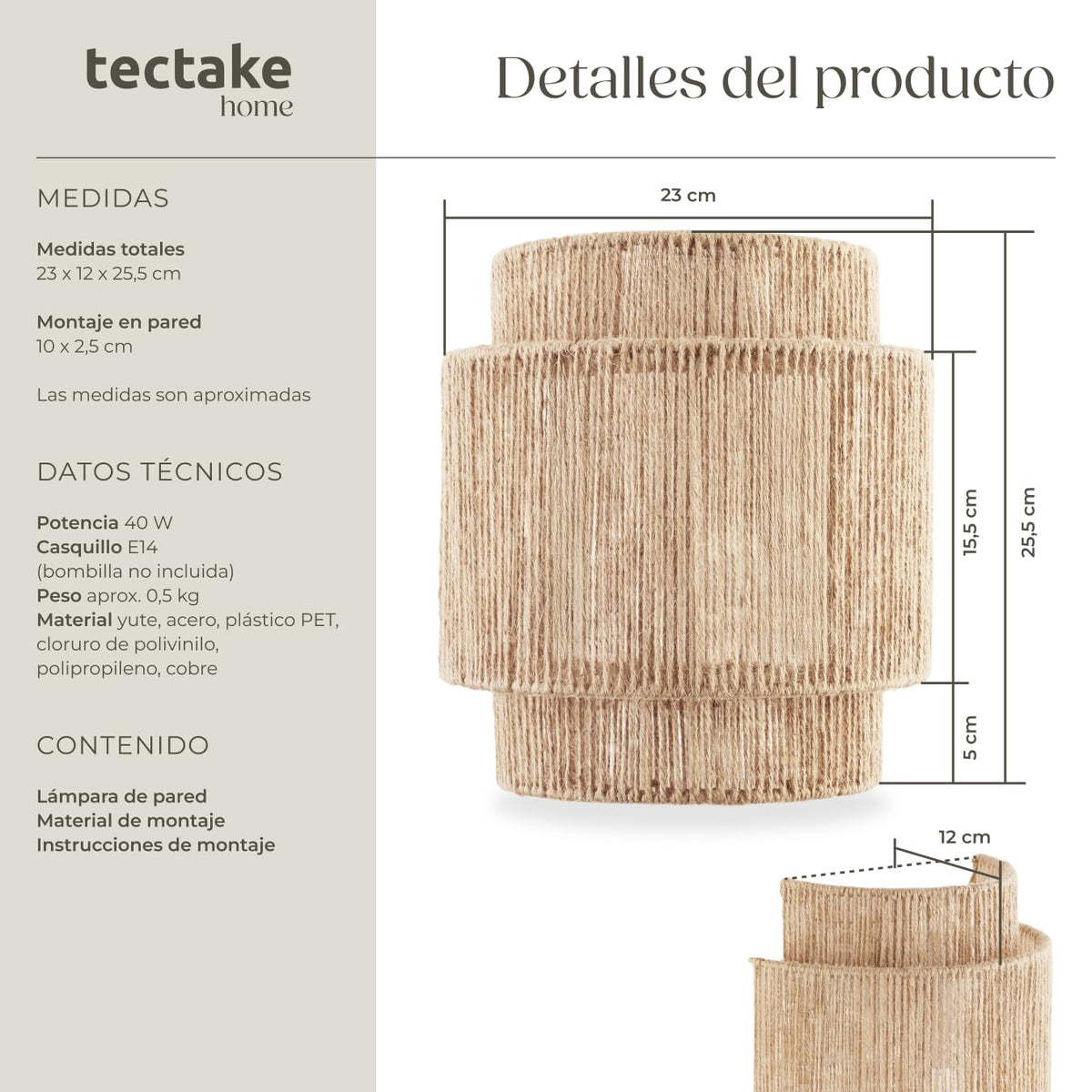 tectake® Lampara Techo Dormitorio Boho Artesanal en Yute Sostenible con Estructura de Acero, Lámpara de Techo Colgante Salón 40 W, Lampara Salon, Plafon - 45 x 45 x 27,5 cm