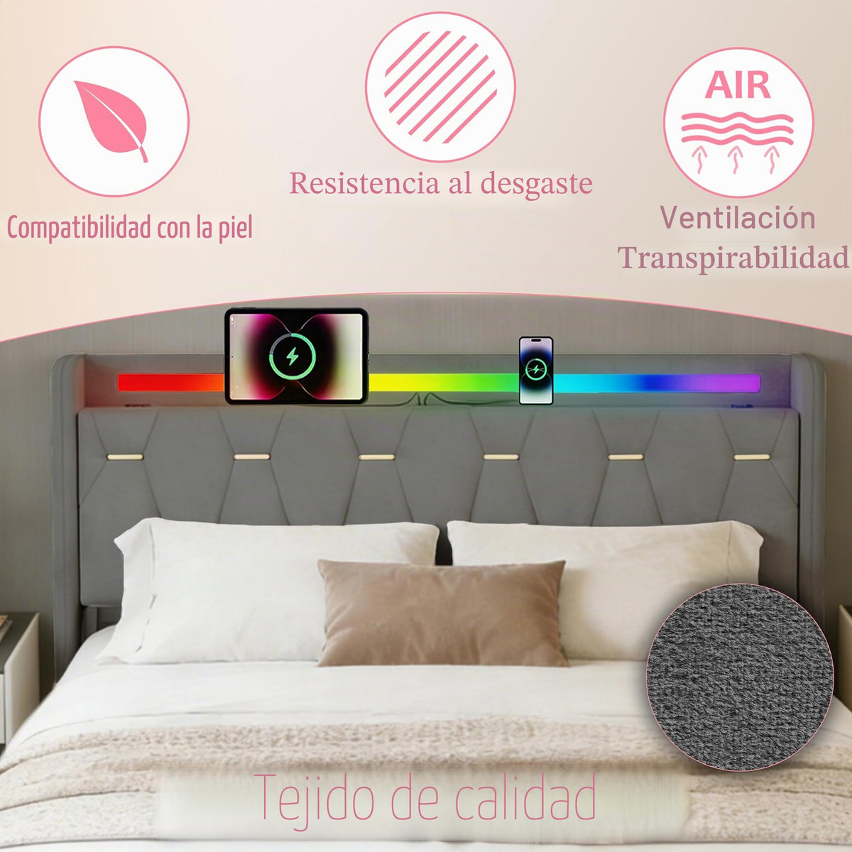 Estructura de Cama 140x200 cm con iluminación LED, Lino, Gris