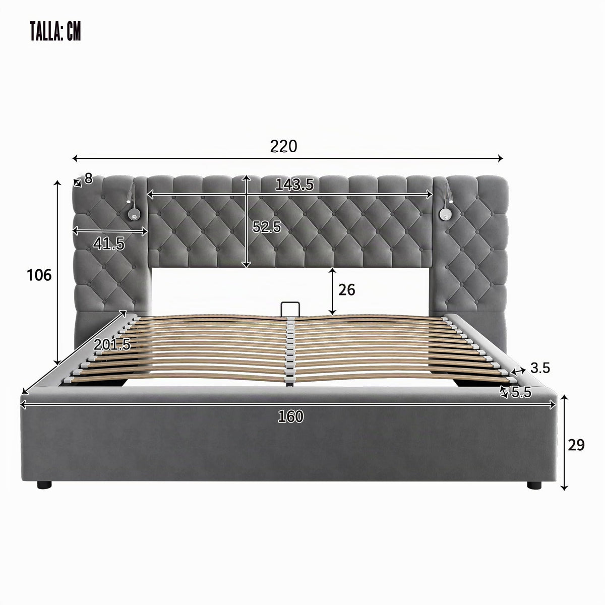 Cama Tapizada 180x200, Cama Doble con LED iluminación y Espacio de Almacenamiento, Hidráulica Modern Cama Matrimonio Juvenil con Cabecero Ancho y Suave y Somier, Gris, Terciopelo, Sin Colchón