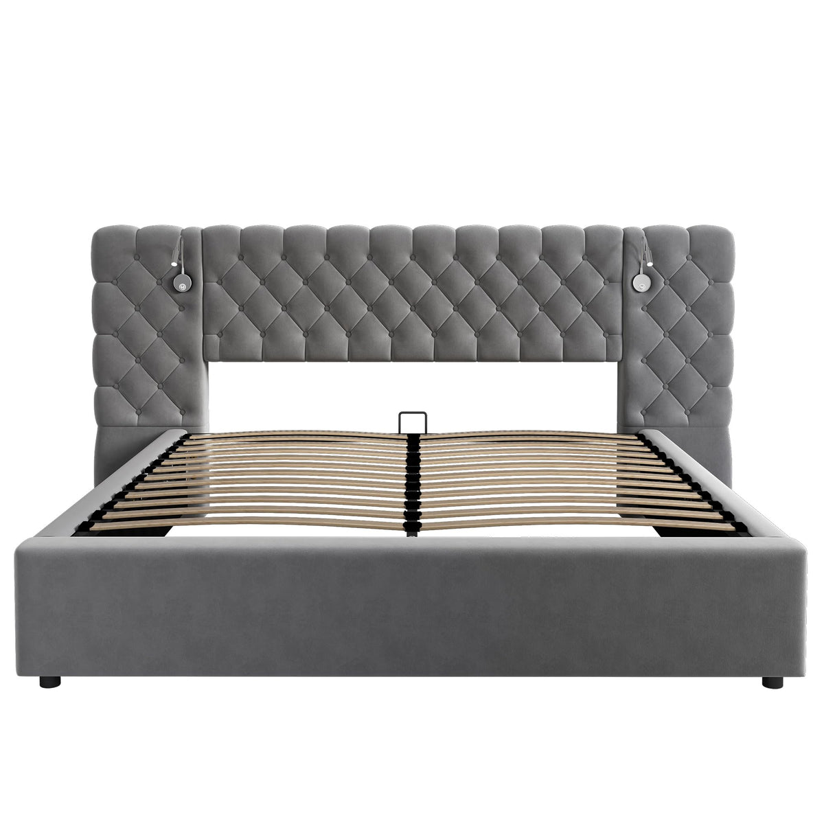 Cama Tapizada 180x200, Cama Doble con LED iluminación y Espacio de Almacenamiento, Hidráulica Modern Cama Matrimonio Juvenil con Cabecero Ancho y Suave y Somier, Gris, Terciopelo, Sin Colchón