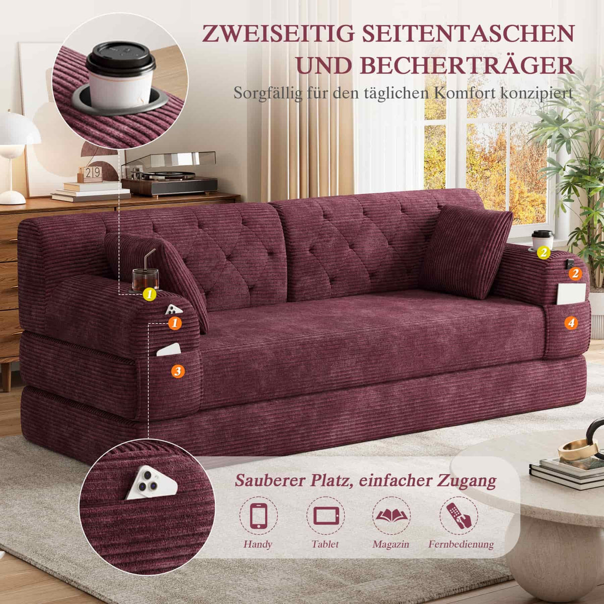 YEHTOKHOME - Sofá de Velor acanalado con respaldo alto y estructura metálica, sofá moderno de 2 plazas con 2 portavasos y 4 bolsillos laterales, para salón, dormitorio (Beige)