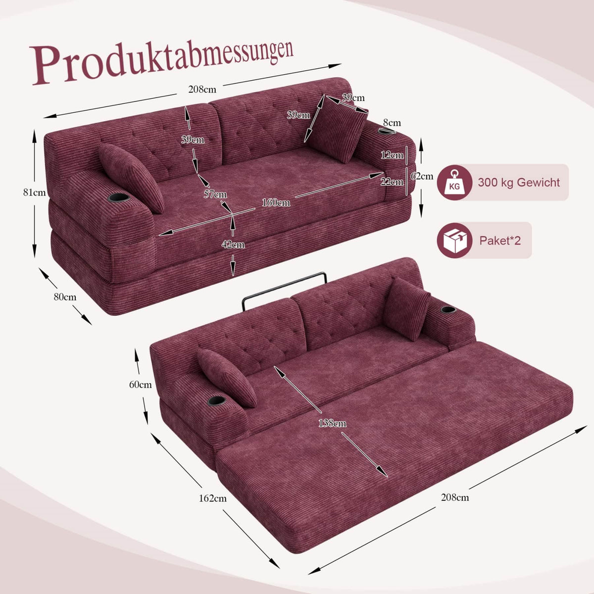 YEHTOKHOME - Sofá de Velor acanalado con respaldo alto y estructura metálica, sofá moderno de 2 plazas con 2 portavasos y 4 bolsillos laterales, para salón, dormitorio (Beige)