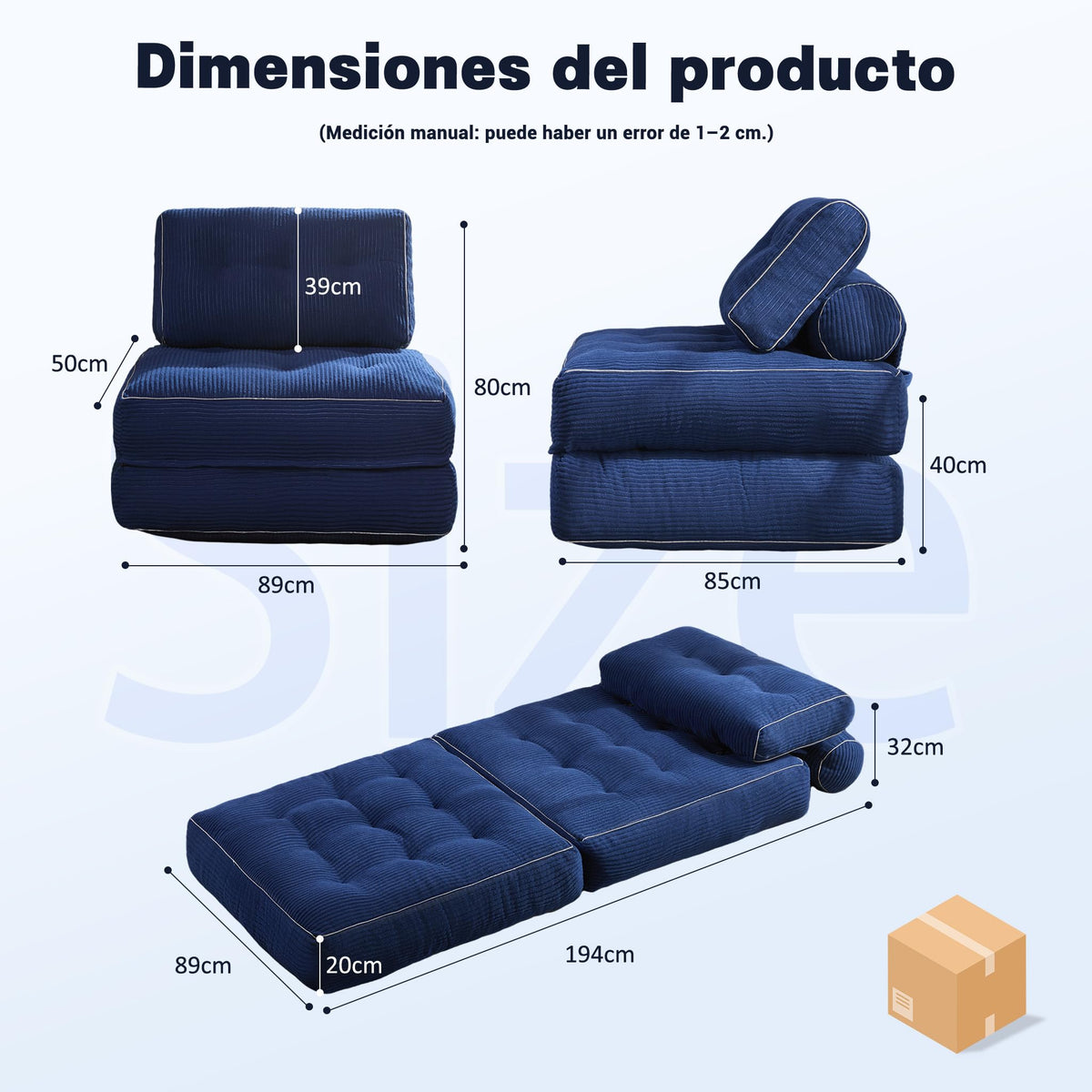 Sofá Convertible 4 en 1, Sofá Cama 1 Plaza, Pana, Negro